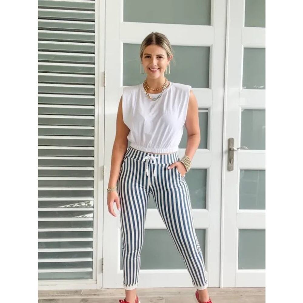 Venti6 Made in ITALIA ART-2691 65% COTTON white and blue striped skinny joggers